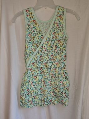 Tea Collection Mint Floral Wrap Romper with Red & Yellow Accents